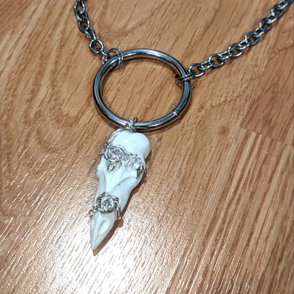FINAL PRICE Roses Raven Skull Carved Bone Stainless Steel Hoop Chain Necklace